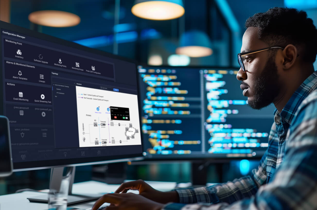 Person working at a desk with multiple monitors displaying a video configuration management interface and code editor in a modern office setting