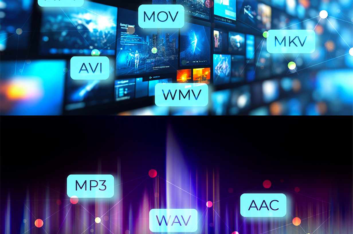 topology video formats in white boxes over digital broadcast photos