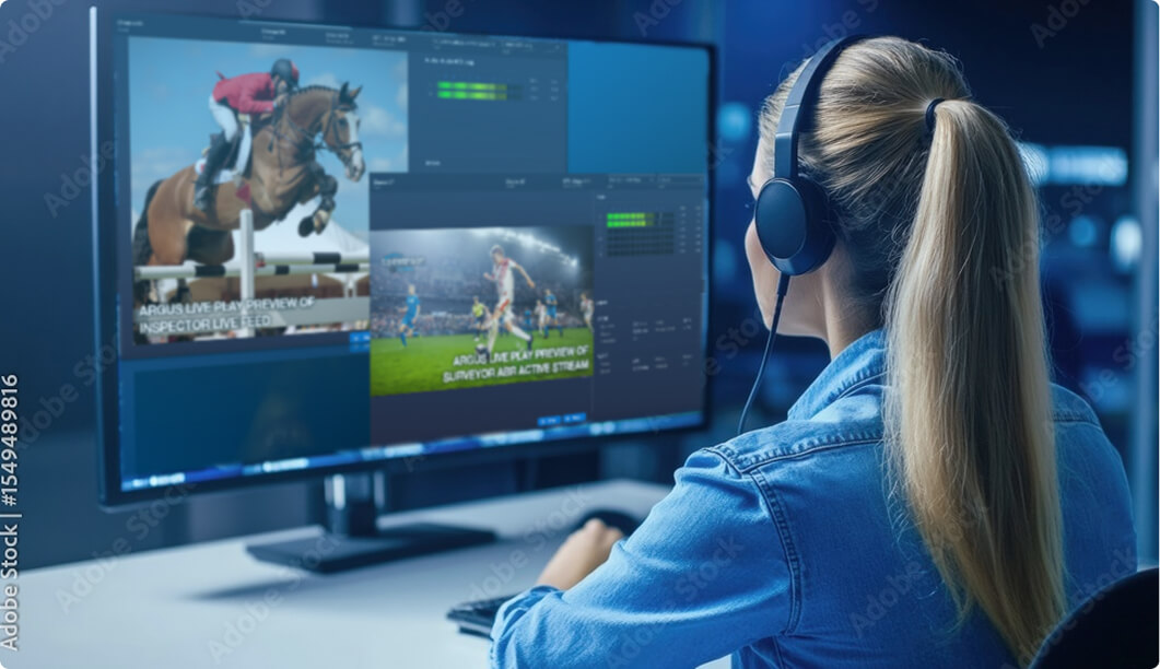 Person wearing headphones working on a computer monitor displaying live video feeds of sports events, including horse jumping and soccer, with editing and monitoring tools