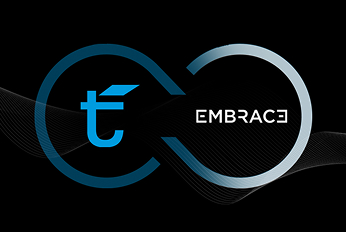 Graphic featuring two interlocking circular shapes with the Telestream logo on the left and the word “Embrace” on the right, set against a black background with subtle wave patterns.