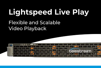 Telestream Lightspeed Live product banner featuring a hardware unit for flexible and scalable video playback