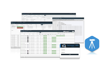 Multiple overlapping software interface screens from IQ Surveyor ABR monitoring system, displaying status tables, configuration panels, and workflow logs for adaptive bitrate streaming analysis.