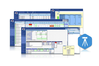 Multiple overlapping software interface screens from an IQ broadcast monitoring system, displaying configuration panels, status indicators, and data tables for signal and workflow management.