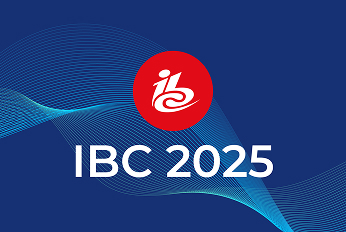 IBC 2025 event graphic featuring a red circular logo with stylized white text “ibc” above the words “IBC 2025” in bold white font on a blue background with flowing wave patterns.