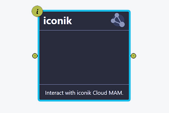 Iconik interface card with text “Interact with iconik Cloud MAM” displayed inside a dark blue box with rounded corners and small circular icons on the edges.