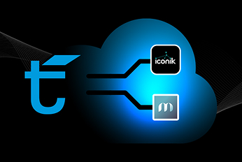 Graphic showing a blue cloud icon with two connected logos: Iconik and another media-related logo, alongside part of the Telestream logo on the left, representing cloud-based media workflow integration.
