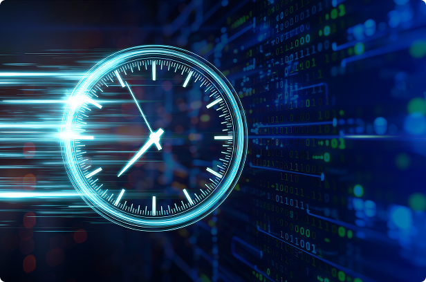 digital white clock fast through dark black blue digital background