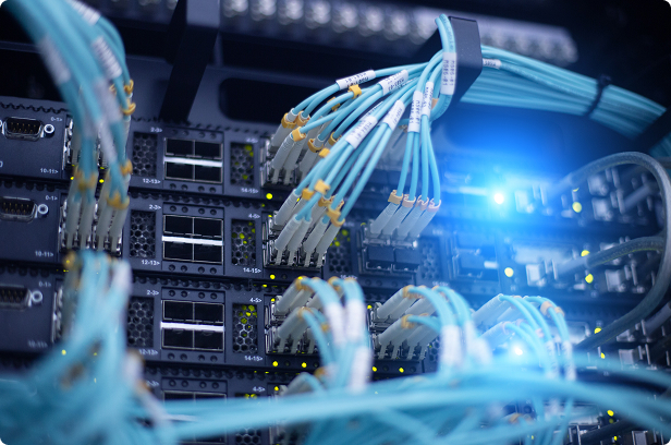 Close-up of a network switch with multiple fiber optic cables connected, featuring blue cables and illuminated status lights indicating active data transmission.
