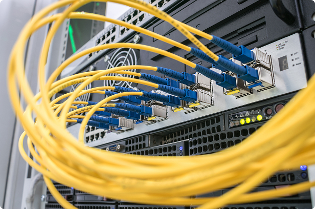 Close-up of a network rack with multiple yellow fiber optic cables connected to blue ports on high-performance networking equipment