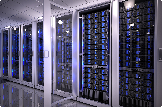 Modern data center with multiple server racks enclosed in glass doors, featuring blue LED indicators and organized hardware for high-performance computing.