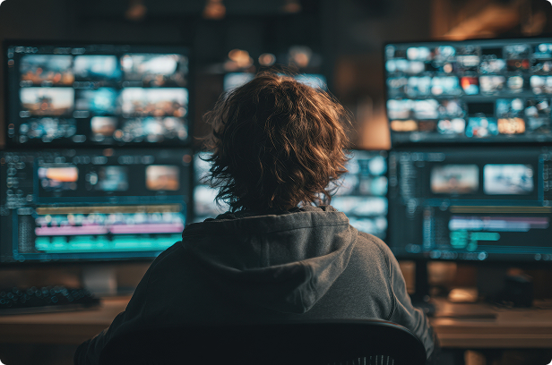 broadcast person watching monitor displays in full color