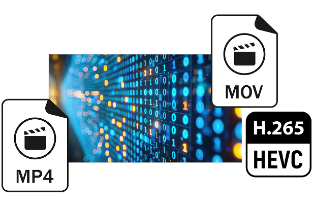 hevc mp4 move video file format icons on multi grid monitor background full color