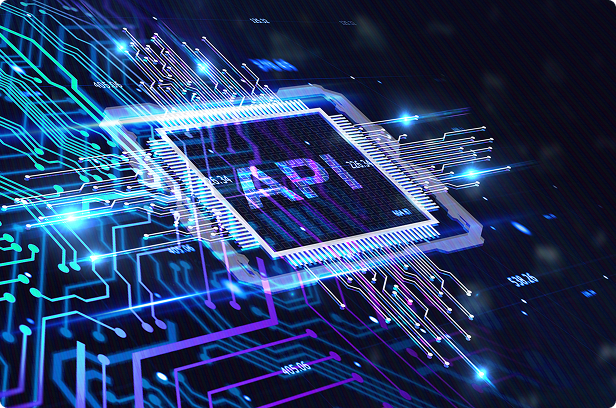 3rd party api tool integration with api in white over digital line dark blue and black background