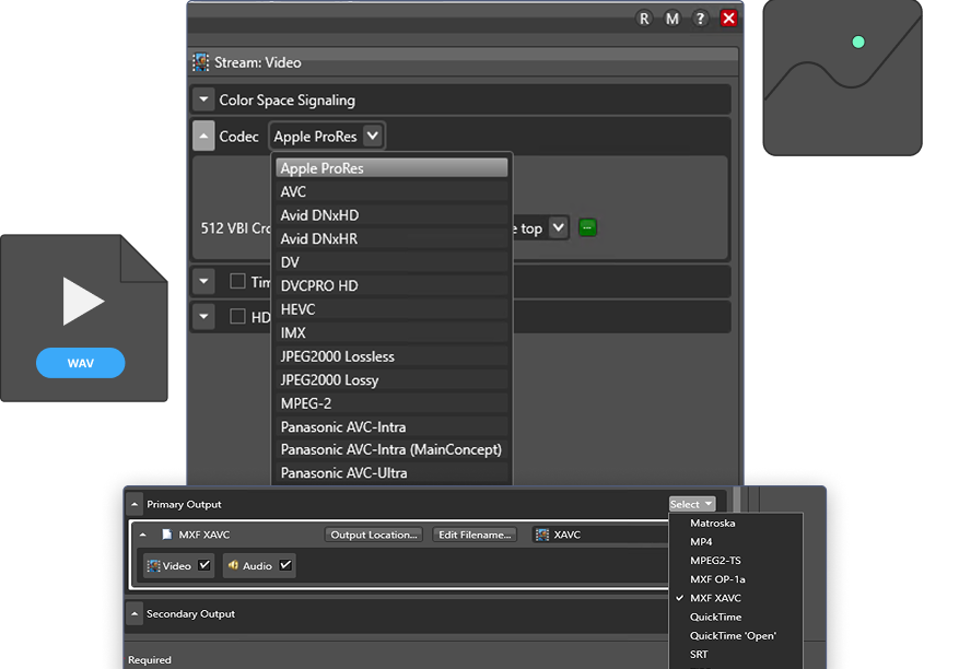 video encoding software interface showing codec selection options such as Apple ProRes, AVC, and MPEG formats, along with output settings for video and audio