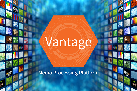Orange and white Vantage hexagon logo with blue background and monitors