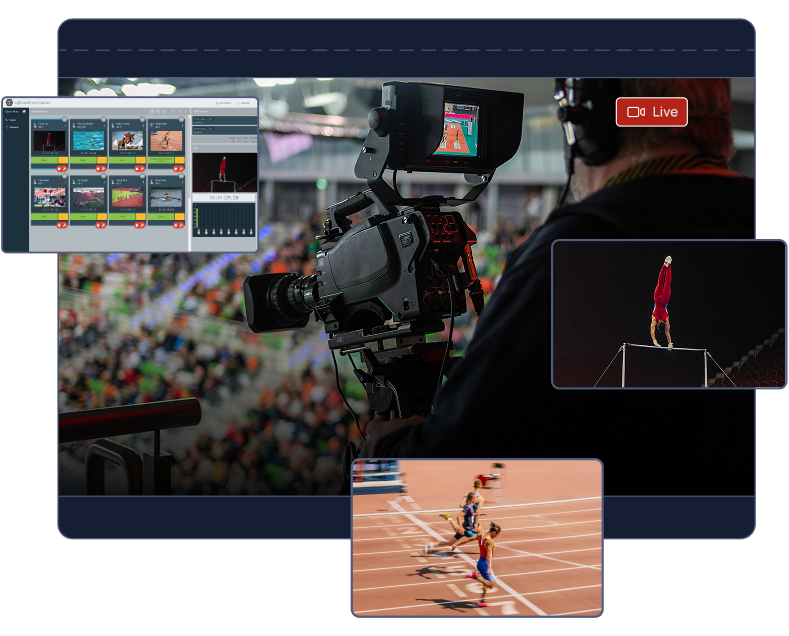 broadcast camera capturing a live sports event in a stadium, with additional overlays showing video feeds and sports highlights