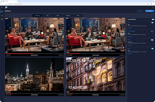 live play grid display of video scenes of city, comedy show apartment set full color