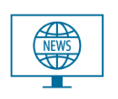 Blue icon of globe on a monitor with the word news on it