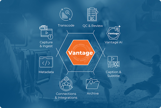 Vantage features and broadcast workflow management diagram map orange and blue