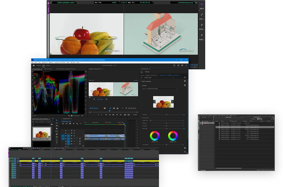 Video editing software interface displaying color grading tools, waveform monitor, timeline sequences, and preview windows with images of fruit and a house model