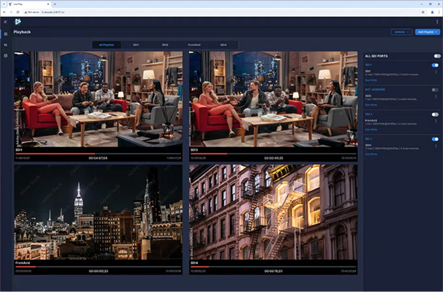 Video playback interface showing multiple camera feeds from a talk show set and cityscape scenes, with control options on the right panel