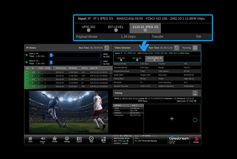 Broadcast monitoring interface displaying video encoding details, bitrate levels, and a live preview of a soccer match with two players on the field under stadium lights.