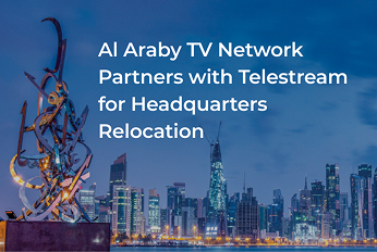 City skyline at dusk with modern skyscrapers and waterfront lights, featuring text that reads “Al Araby TV Network Partners with Telestream for Headquarters Relocation."