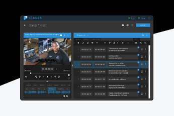 Video editing interface showing a media player with a video preview and a timeline, alongside a panel listing multiple time-coded captions or subtitles for editing