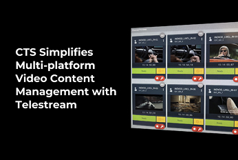 Dashboard interface showing four video content panels with play controls and status indicators, alongside text that reads “AWS Simplifies Multi-platform Video Content Management with Livestream