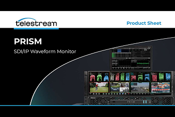 Telestream PRISM product slide showing a waveform monitor interface with multiple video previews and color analysis tools