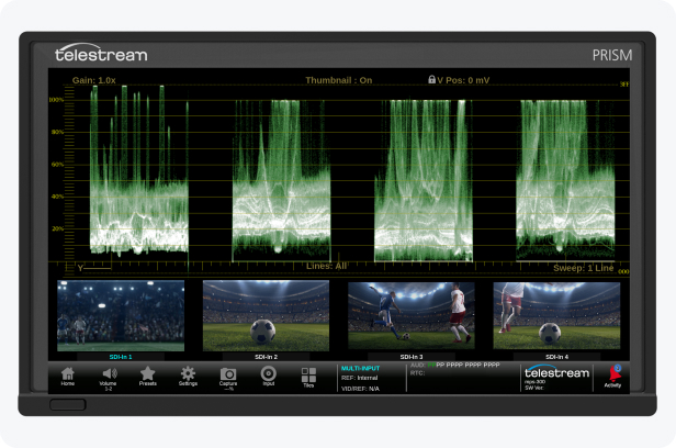 Prism CAM screen shot showing monitor with four SDI waveform inputs simultaneously