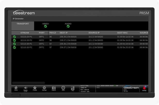 Screen cap of Prism IP Display & Generator showing results for audio tones and color bars
