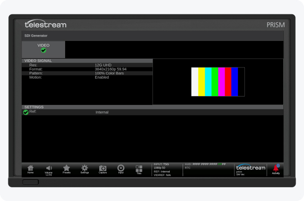 Screen cap of the Prism SDI Generator showing a simply color bar test pattern signal test