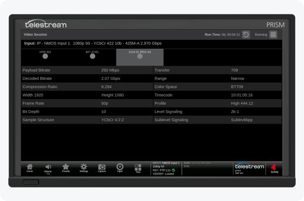 prism video session computer screen capture a summary of the SDI Format with SDI VPID SMPTE ST352, Bit Level and CRC Status