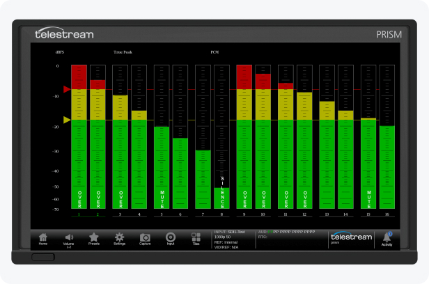 prism audio display monitor showing audio channel with in-bar indication for such events as over, clip, mute and silence