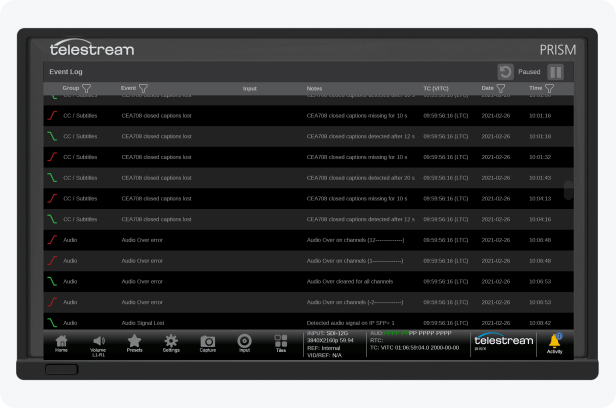 prism event log shows a list of alarm events related to Source and Time the event occurred relative to internal time or derived from the input Timecode or PTP Time