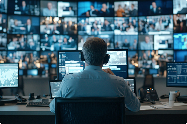 ingest news production studio with person monitoring the network