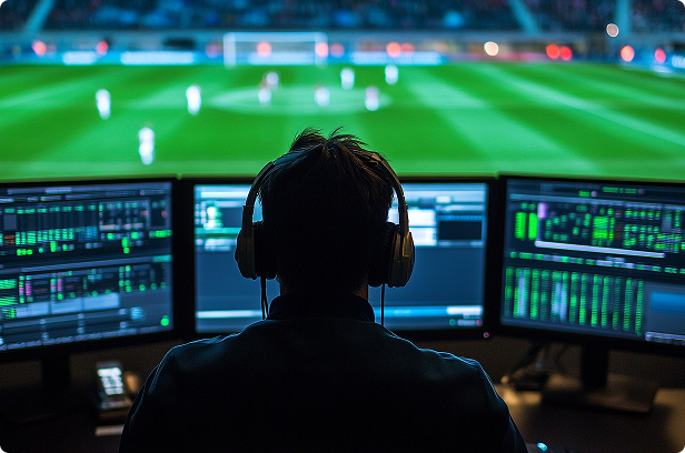 operator watching live soccer football game monitoring the feed