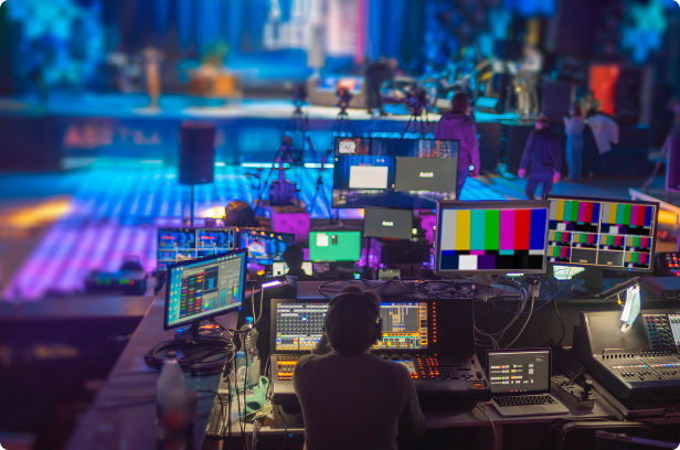 modern tv studio with equipment set up monitors and lights