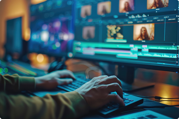 hands on keyboard editing videos shown on screen monitor