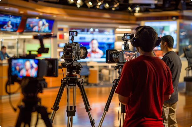 live broadcast studio on air with cameras and monitors