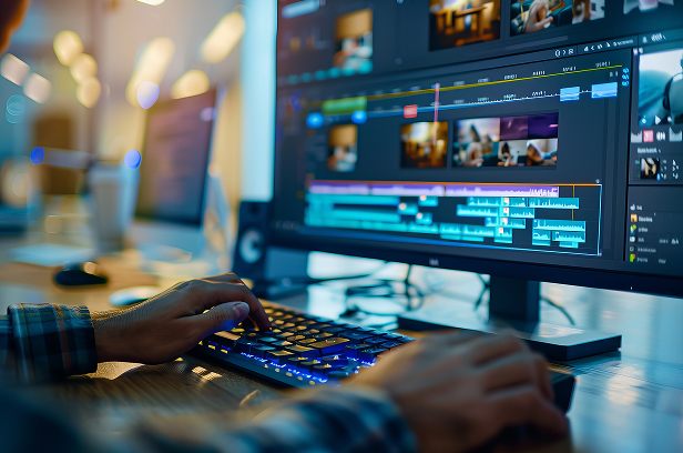 operator at desk editing videos on monitor