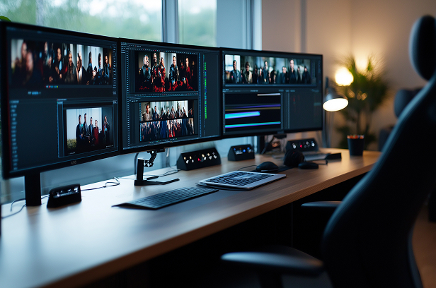 multi screen and monitors showing video or live production at an office desk