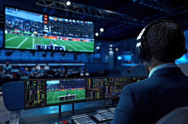 sports studio operator setting and watching multiple monitors