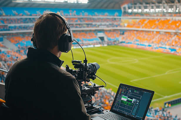 videographer professional broadcast camera operator at sports event