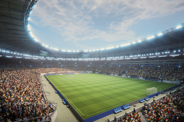 soccer football stadium arena empty field with fans in the stands