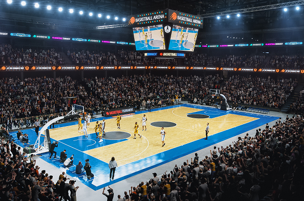 live basketball arena with fans and basketball players
