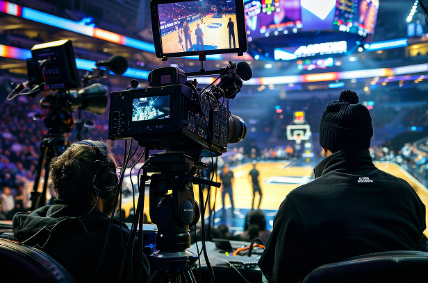 camera and camera operator at a live basketball game