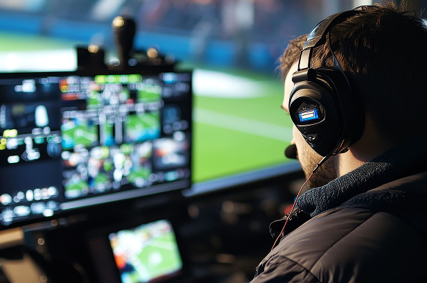 man editing video as it is capturing viewing on a monitor