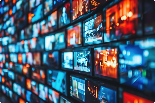 Wall of multiple high-definition screens displaying various video feeds with vibrant colors, creating a dynamic visual mosaic in a broadcast or media environment